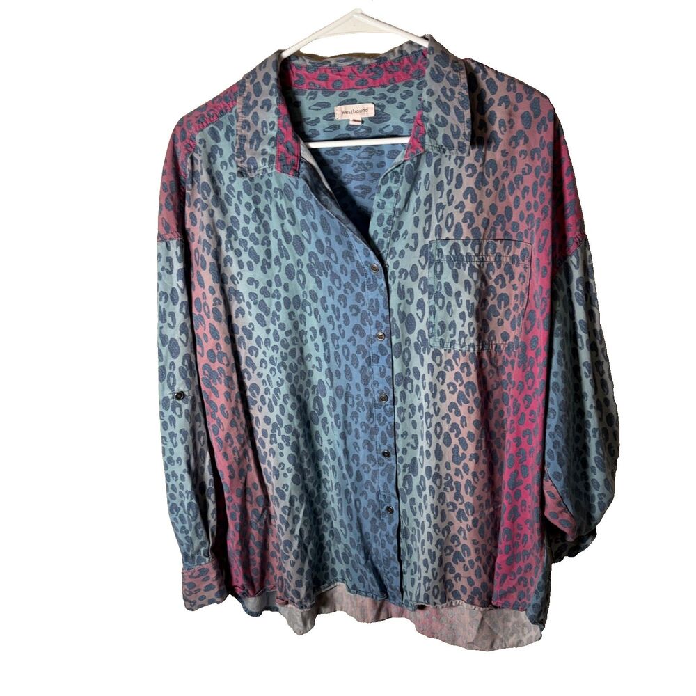 Westbound Shirt Women's Large Cheetah Ombre Button Up 3/4 Sleeve Collared